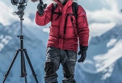 Cinematographer with a camera on a tripod in a snowy mountain setting