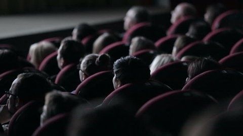 Audience members seated in rows of a dark cinema auditorium